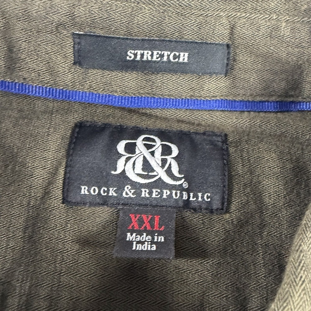 Rock Republic Shirt Mens XXL Stretch Olive Green Pockets Utility Herringbone - Picture 7 of 12